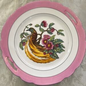 Vintage Pink Lusterware Plate With Handles Bird of Paradise 9 1/2" Decorative